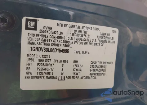 2006 Chevrolet Uplander Lt from USA, damaged, VIN 1GNDV33L06D154596